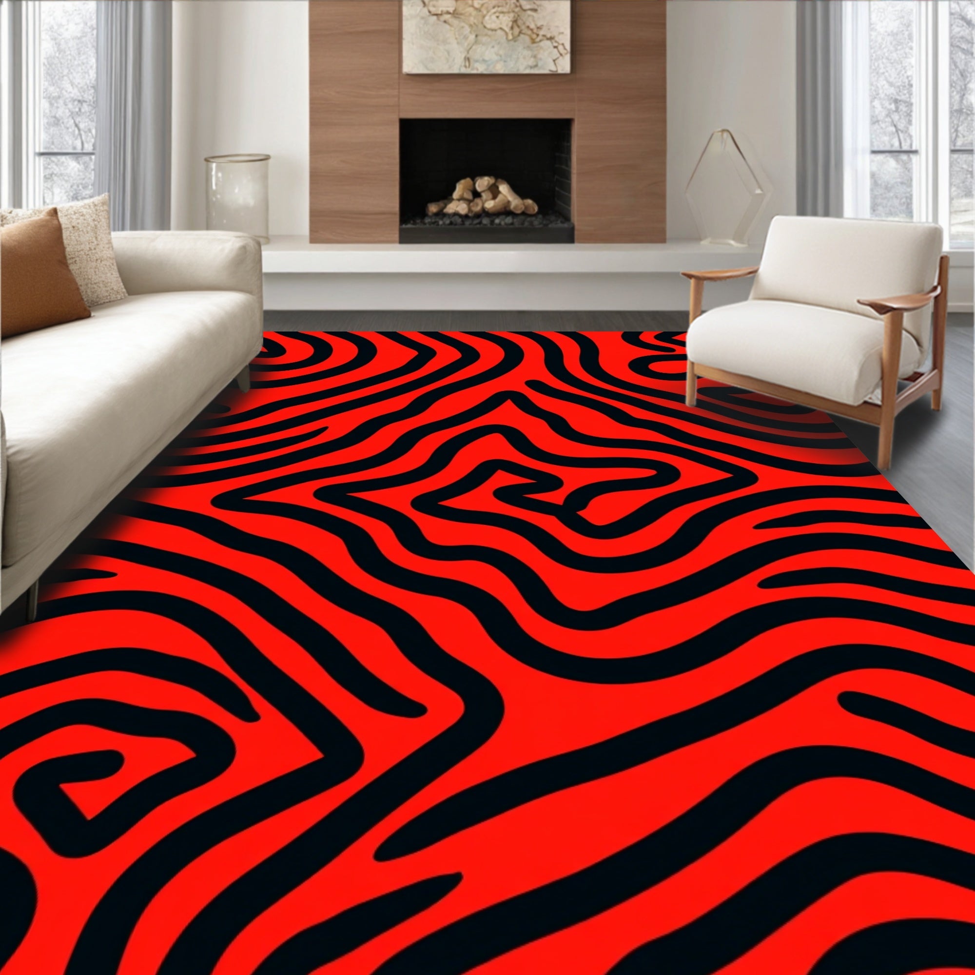 Bold Red Black Abstract Curves Rug