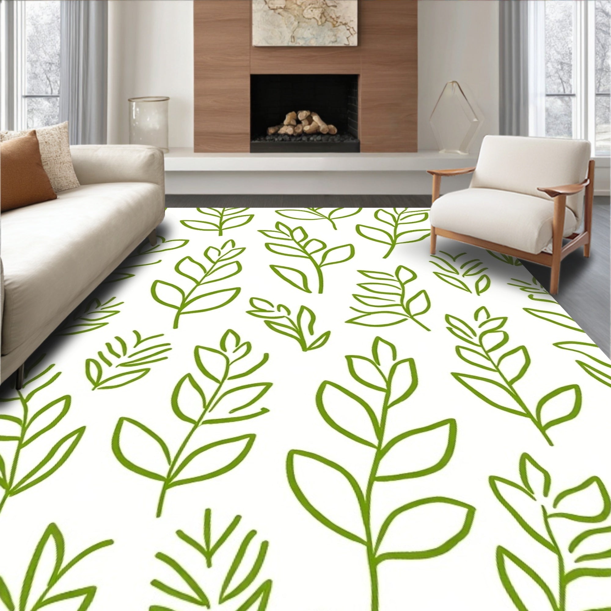Green Leaves Sketch Pattern Rug