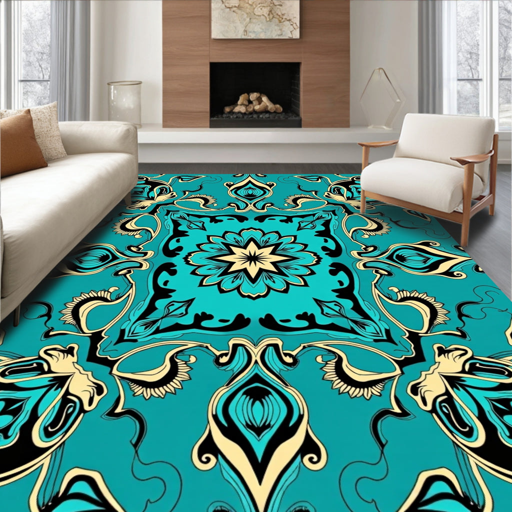 Ornate Turquoise Floral Medallion Pattern Rug