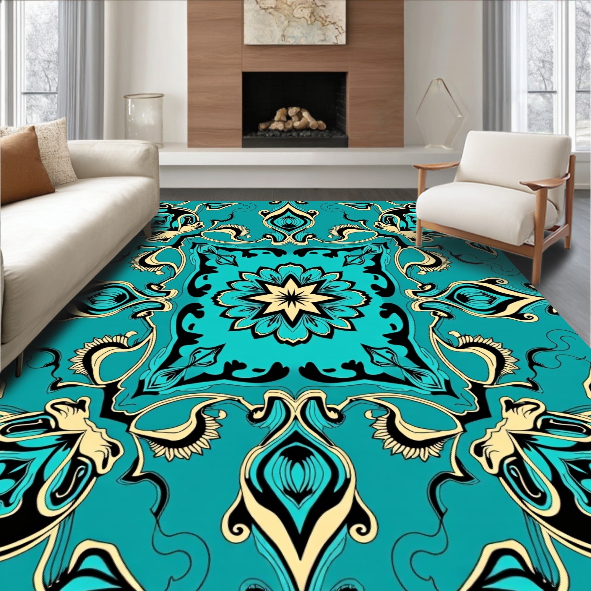 Ornate Turquoise Floral Medallion Pattern Rug