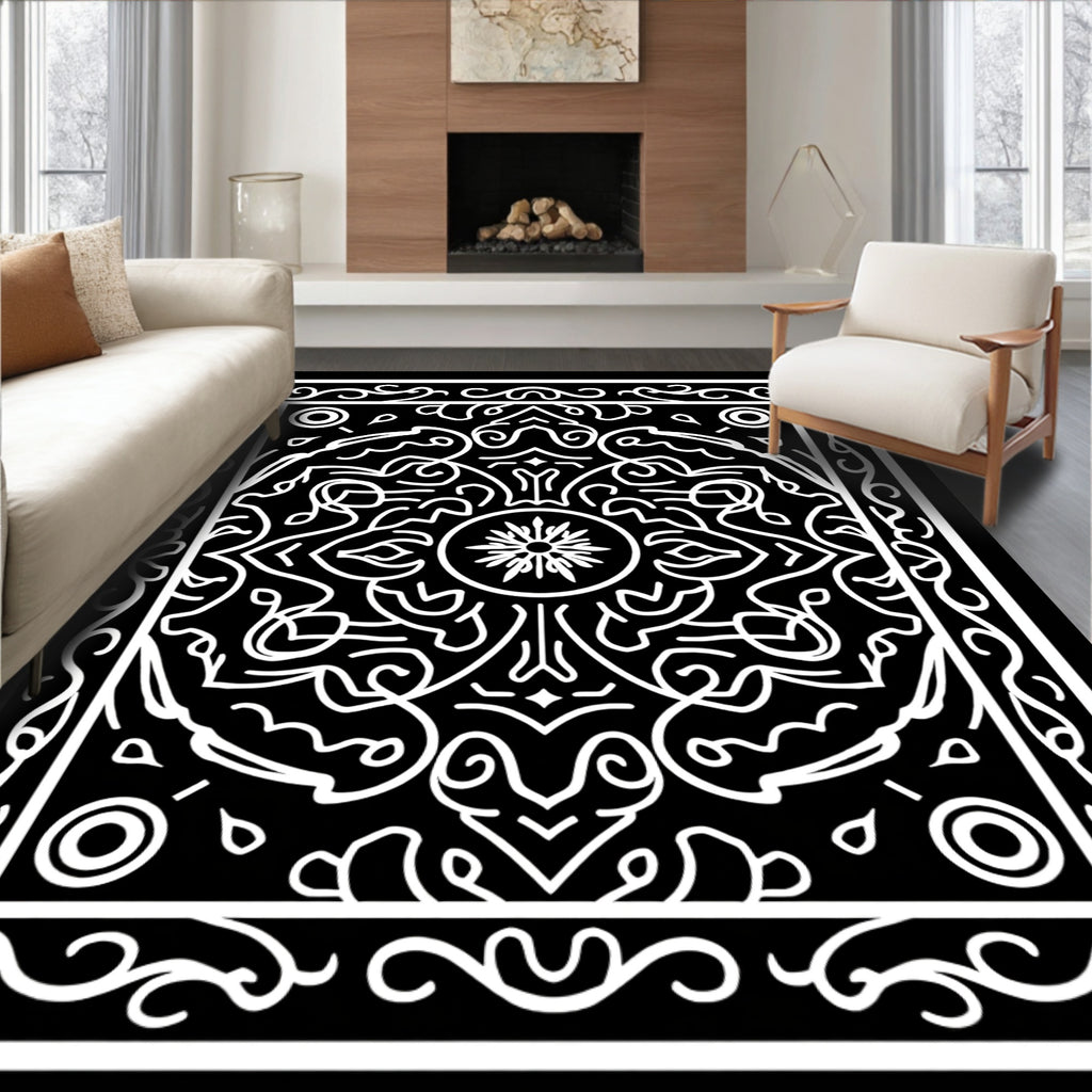 Ornate Black White Mandala Pattern Rug