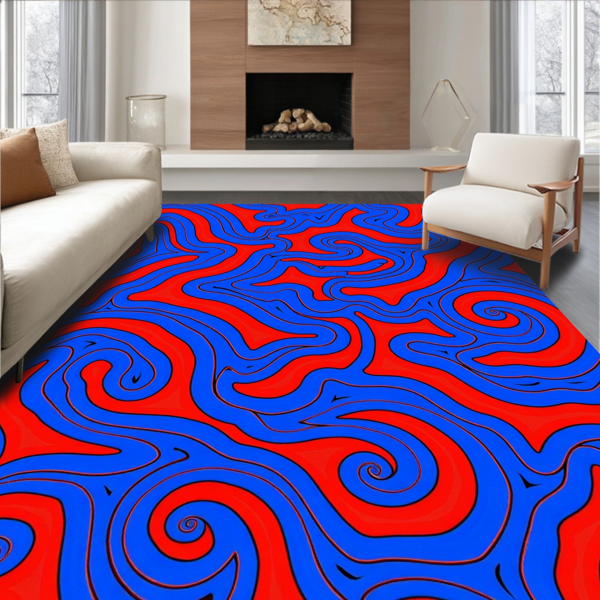 Vibrant Red Blue Swirl Pattern Rug