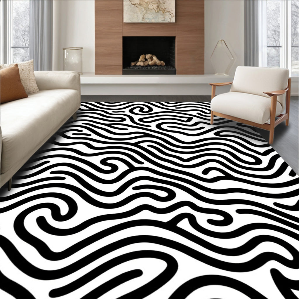 Abstract Black White Flowing Lines Rug