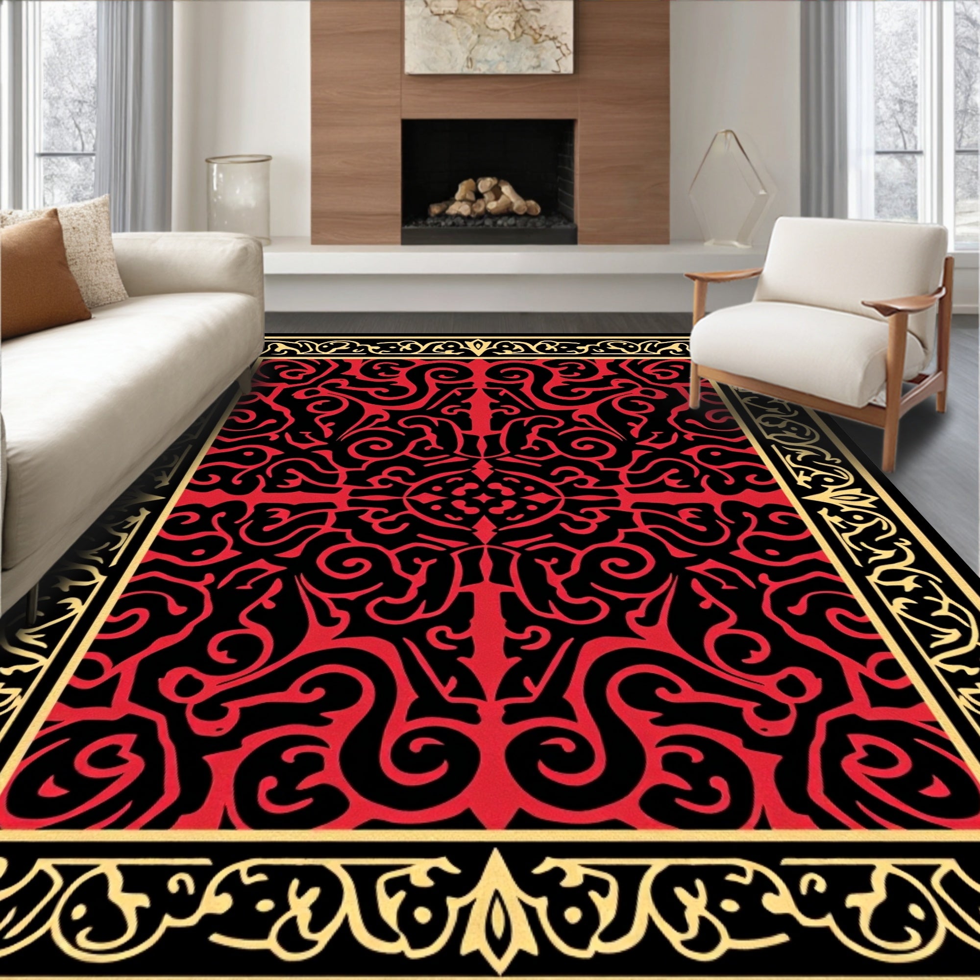 Intricate Red and Gold Scrollwork Rug