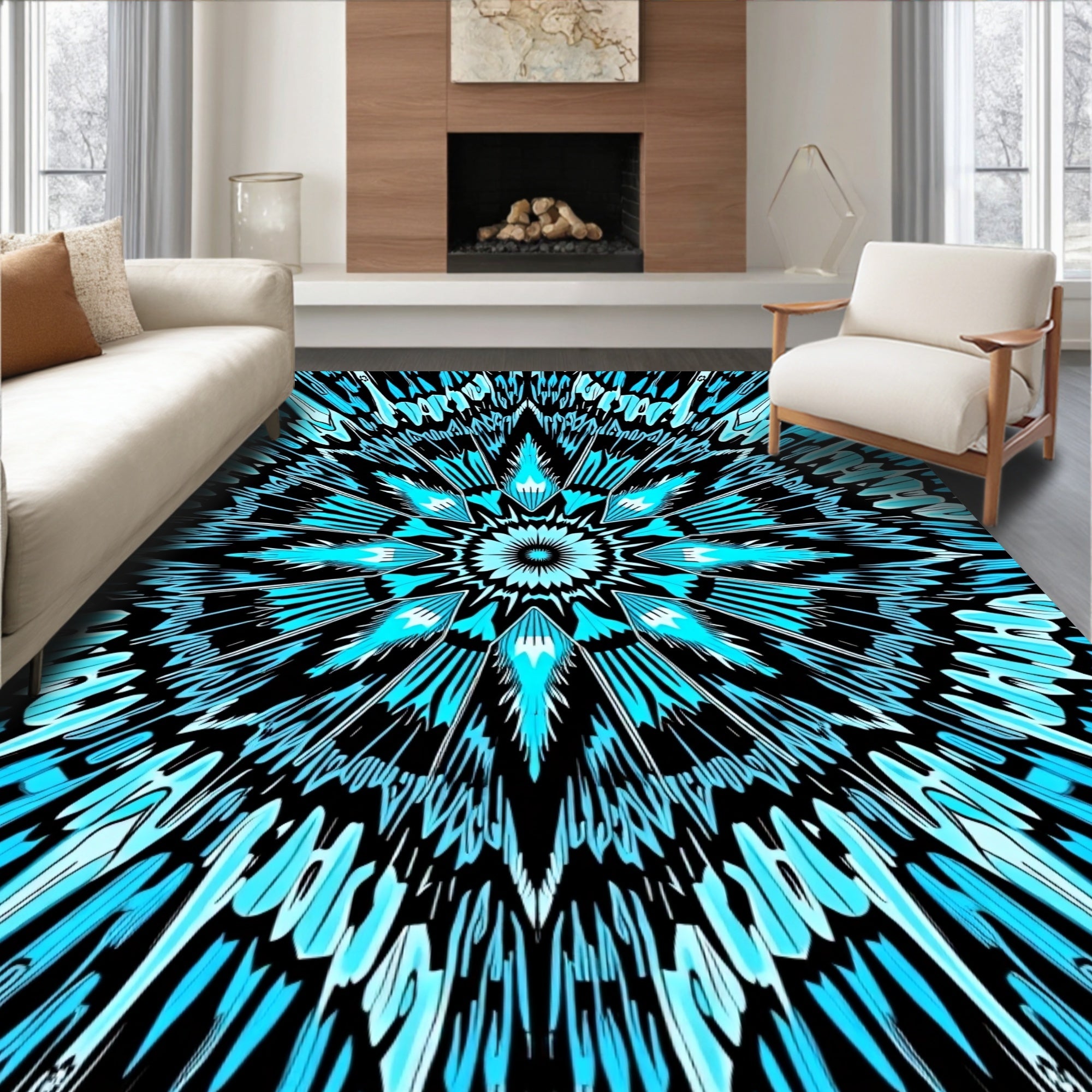 Cyan Sunburst Radial Pattern Rug