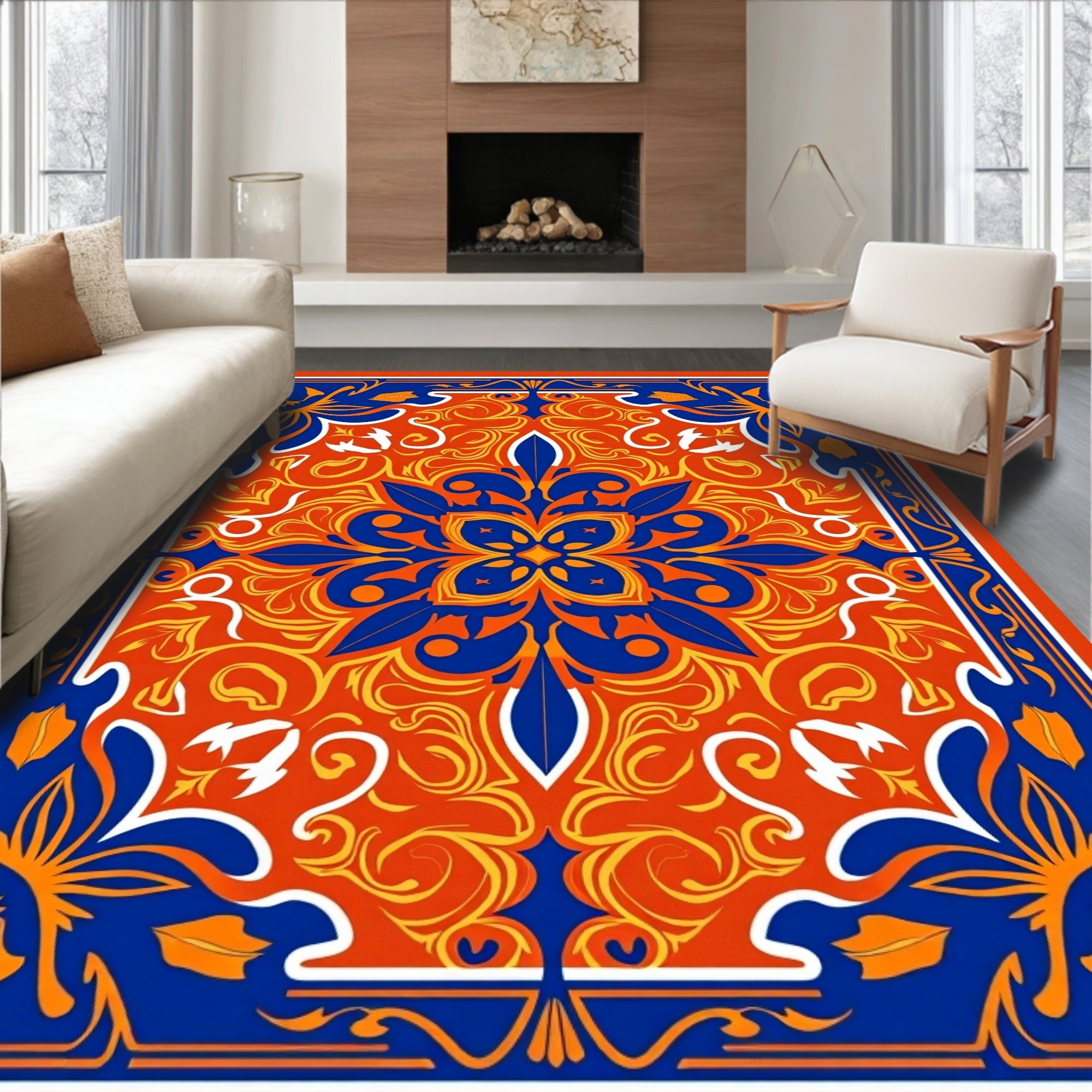 Vibrant Orange Blue Floral Medallion Rug
