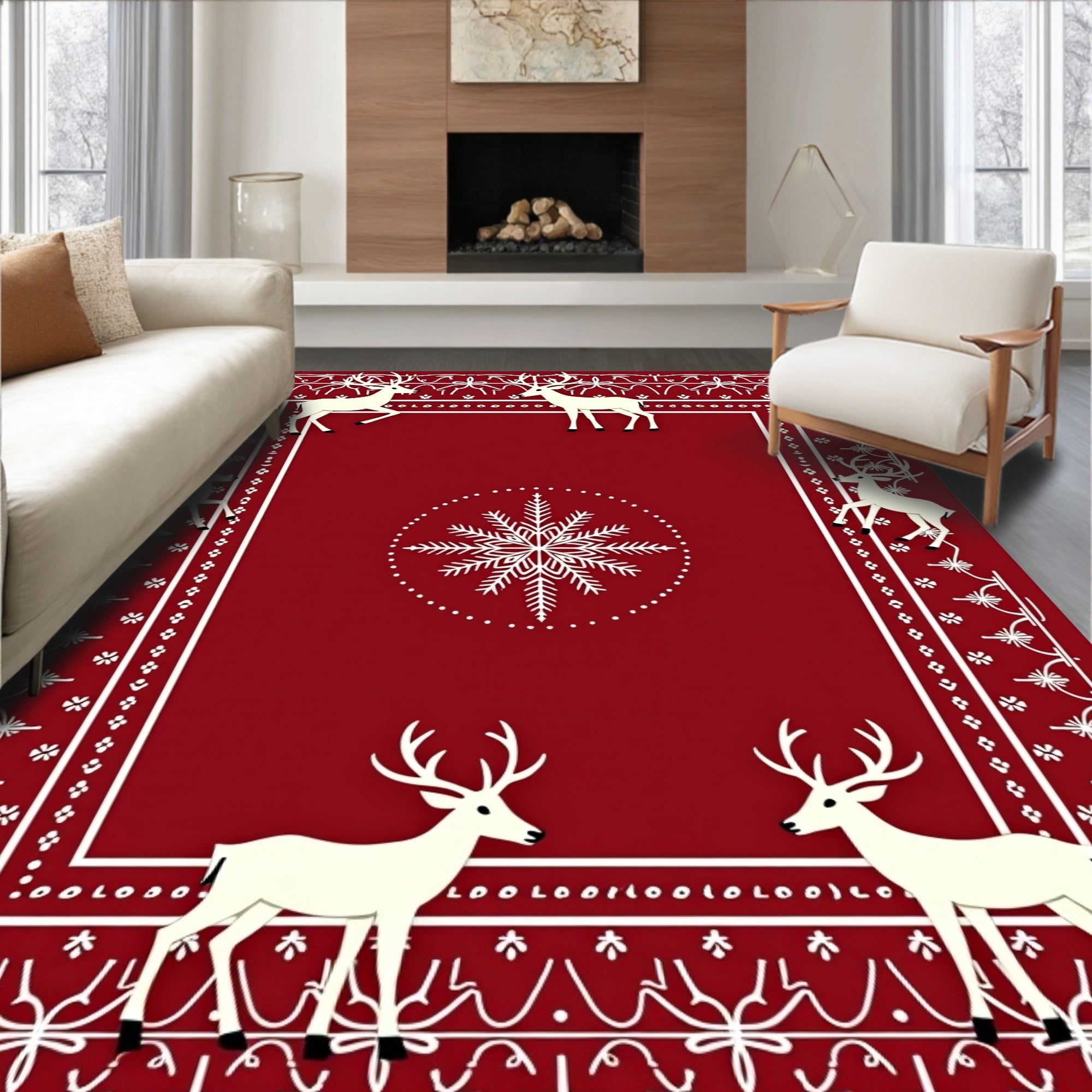 Crimson Reindeer Snowflake Frame Rug