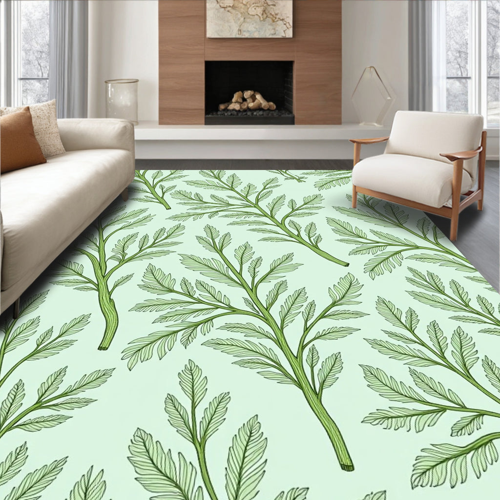 Green Leafy Branch Pattern Rug