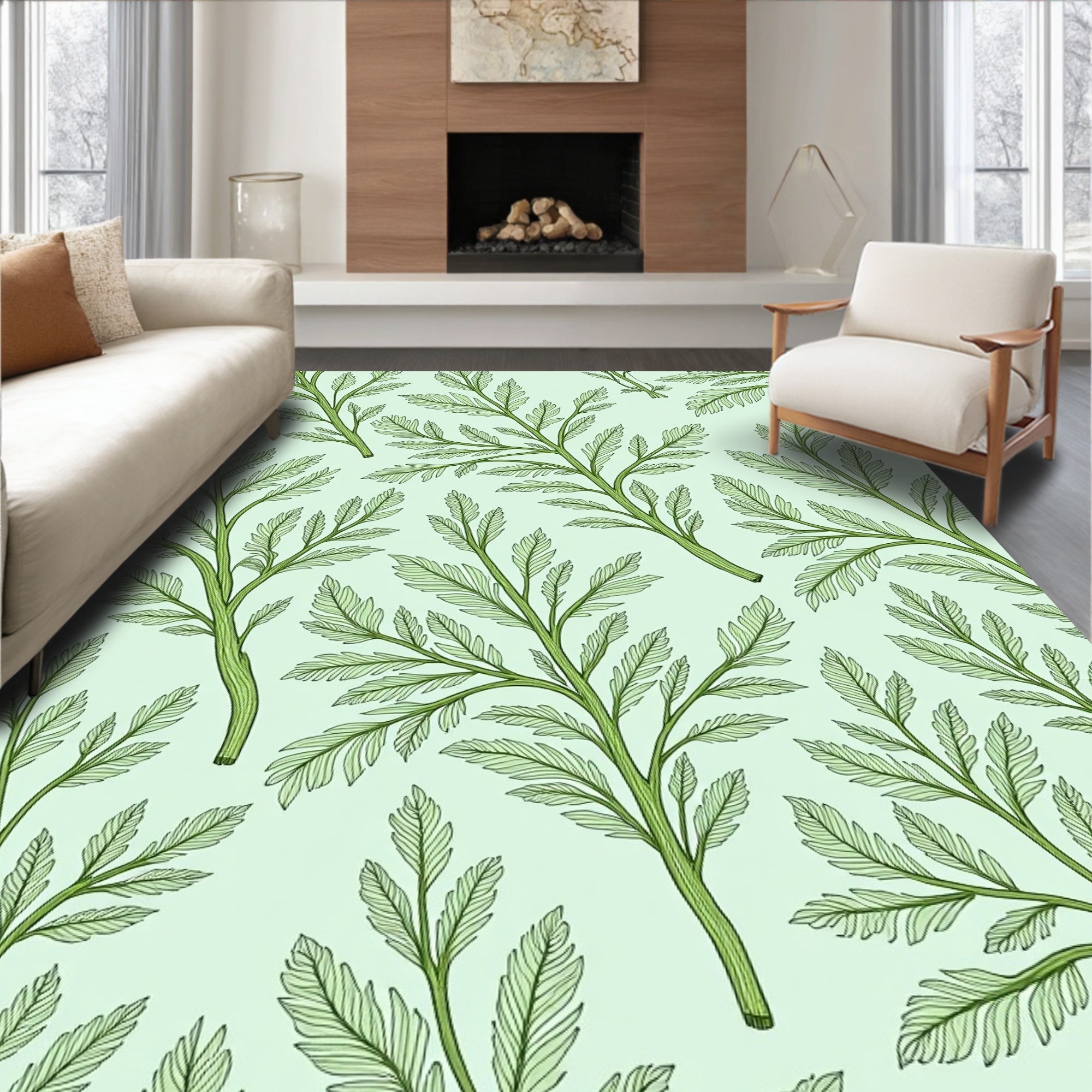 Green Leafy Branch Pattern Rug