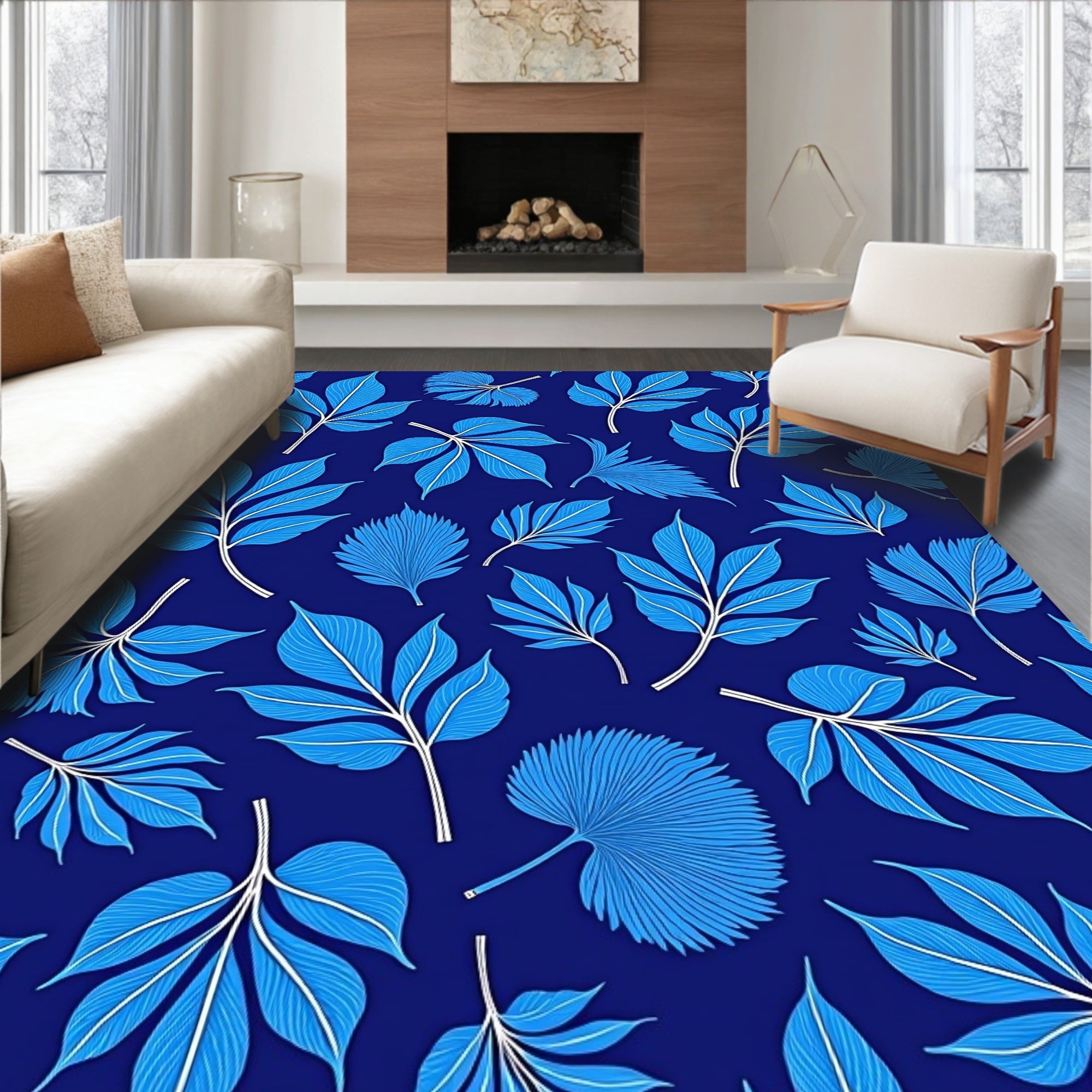 Nature Blue Leaf Pattern Design Rug