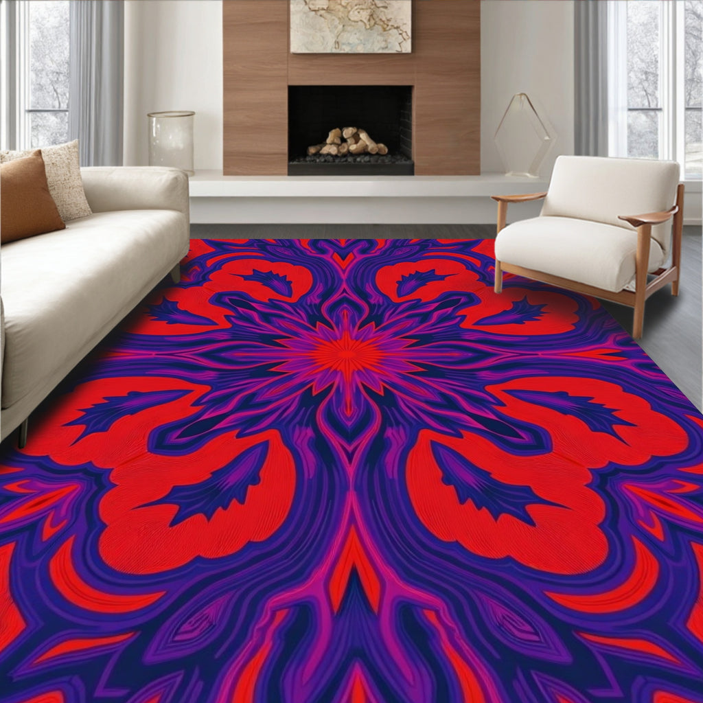 Vibrant Red Purple Floral Kaleidoscope Rug