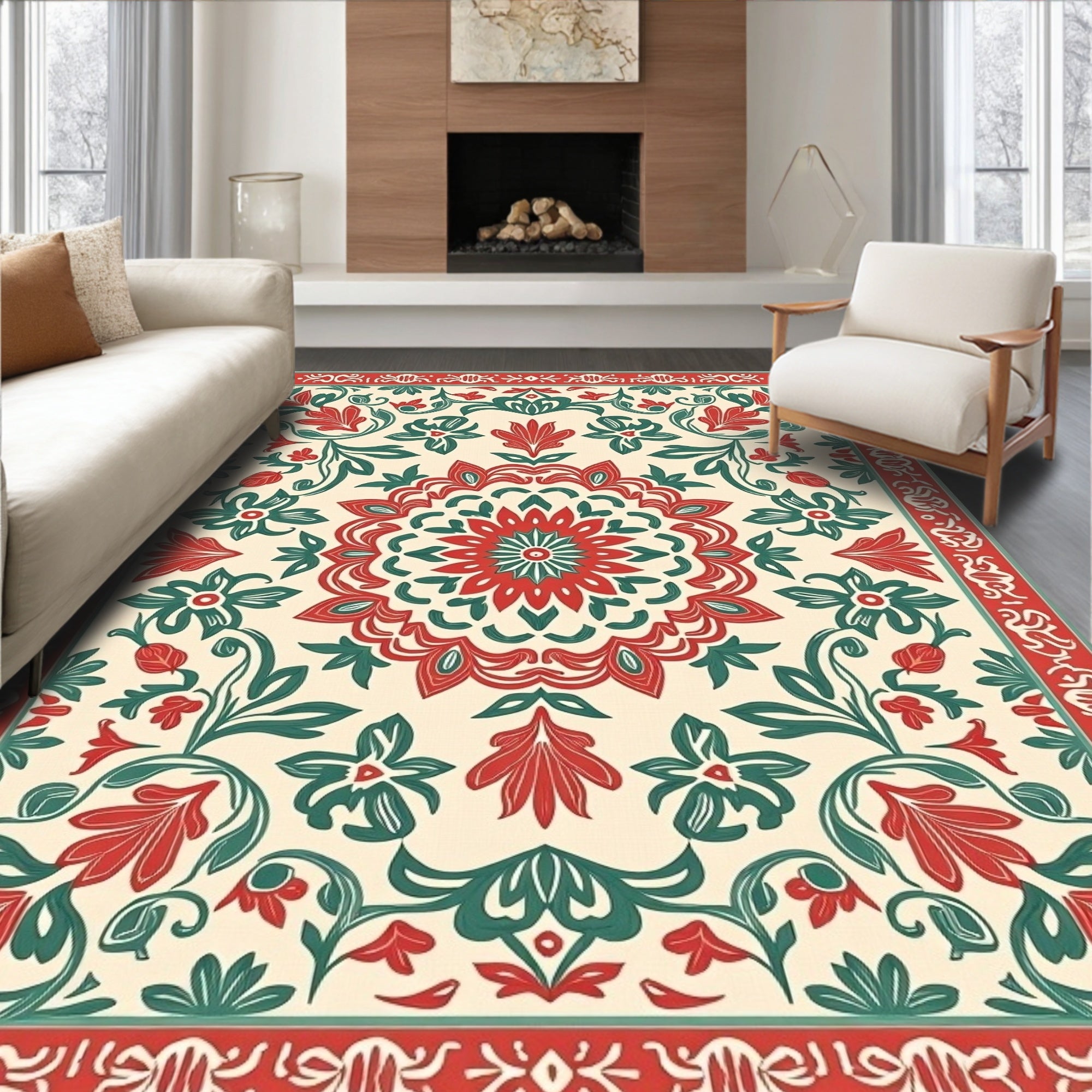 Red Green Floral Mandala Pattern Rug