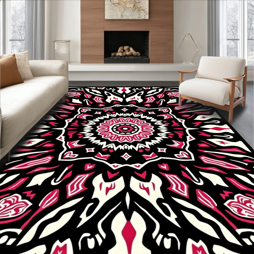 Bold Black Red Floral Mandala Design Rug