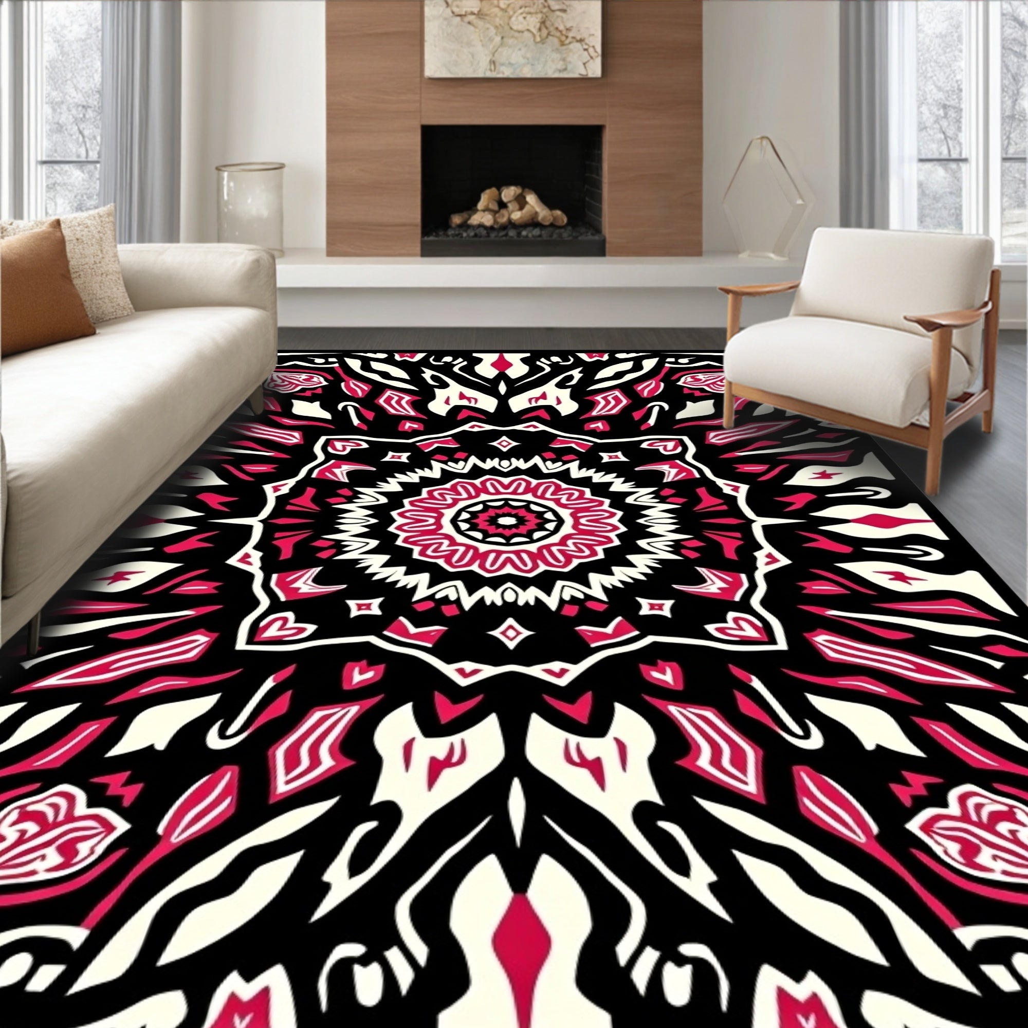 Bold Black Red Floral Mandala Design Rug