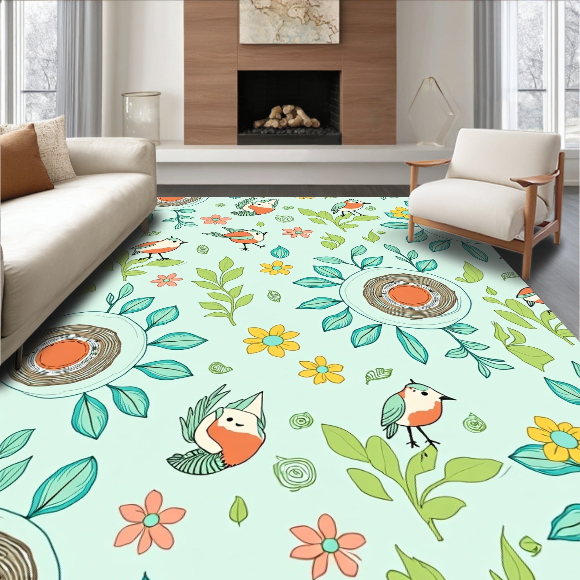 Whimsical Spring Birds Nests Rug
