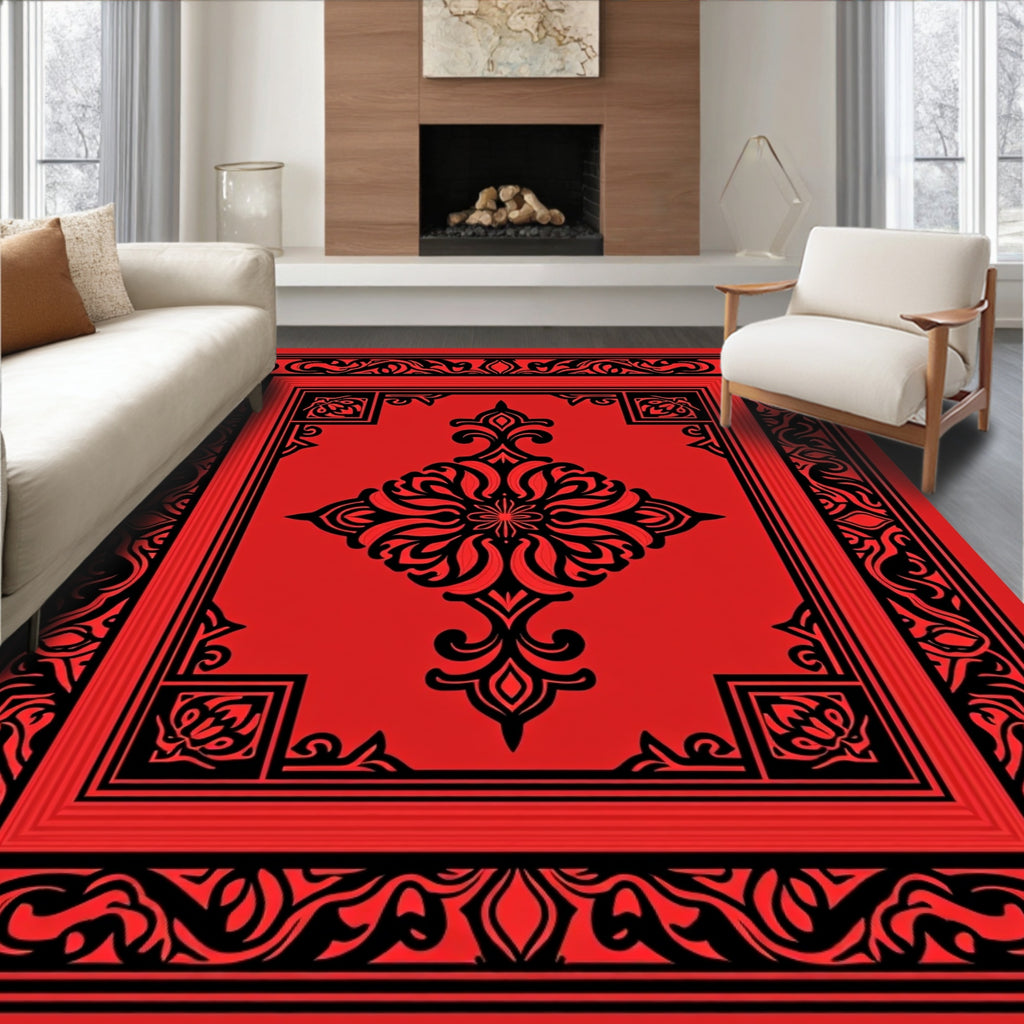 Bold Red Black Ornate Floral Design Rug