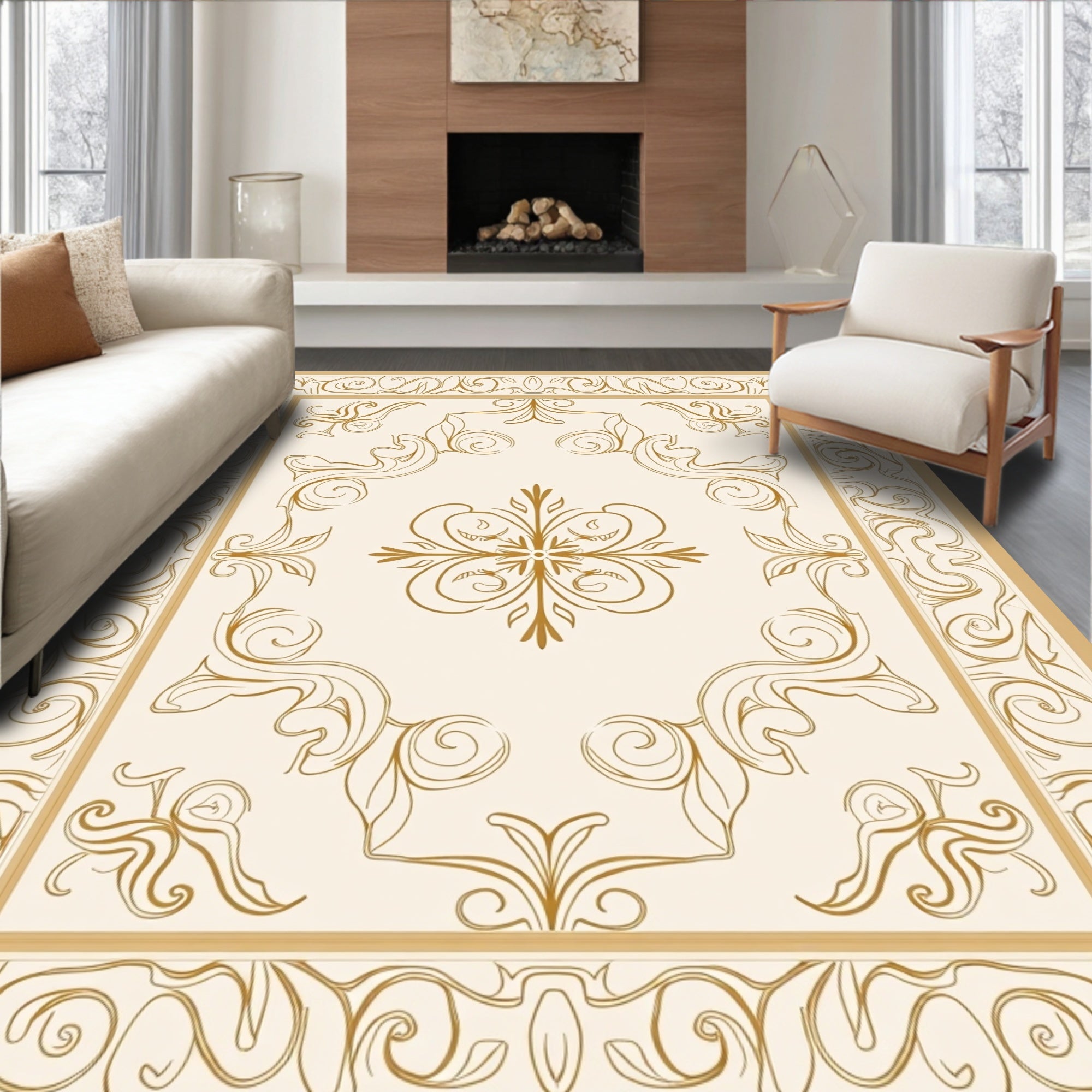 Elegant Cream Gold Floral Scroll Rug