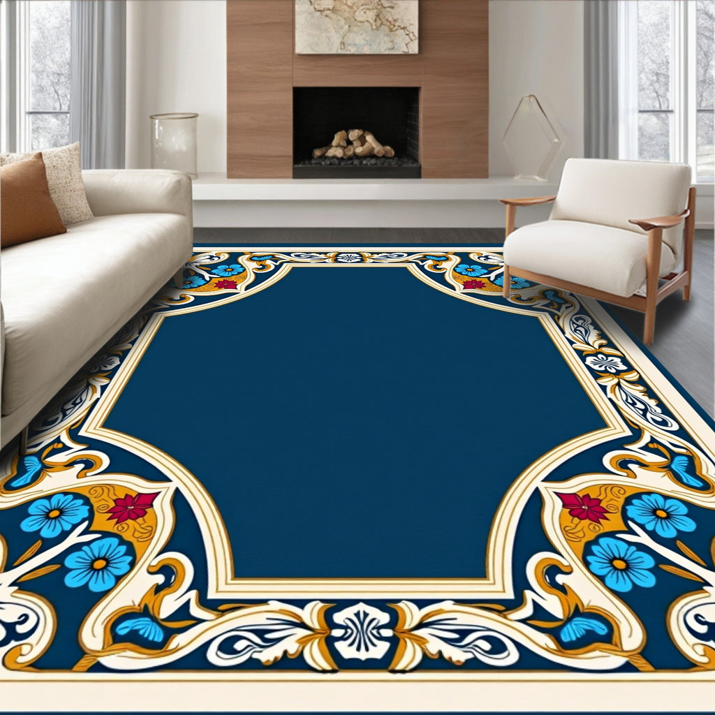 Ornate Floral Frame With Blue Accents Rug