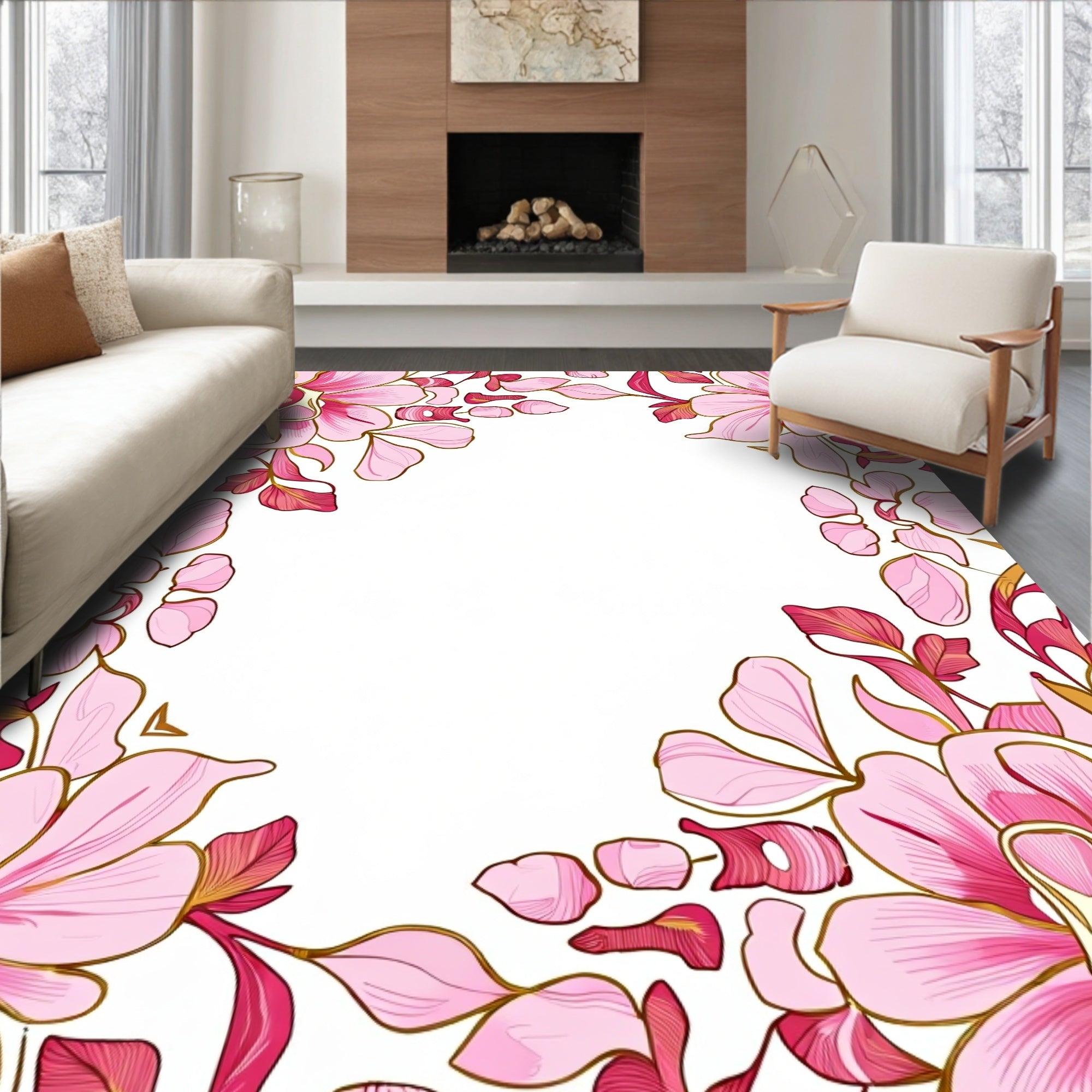 Pink Blossom Outline Floral Design Rug