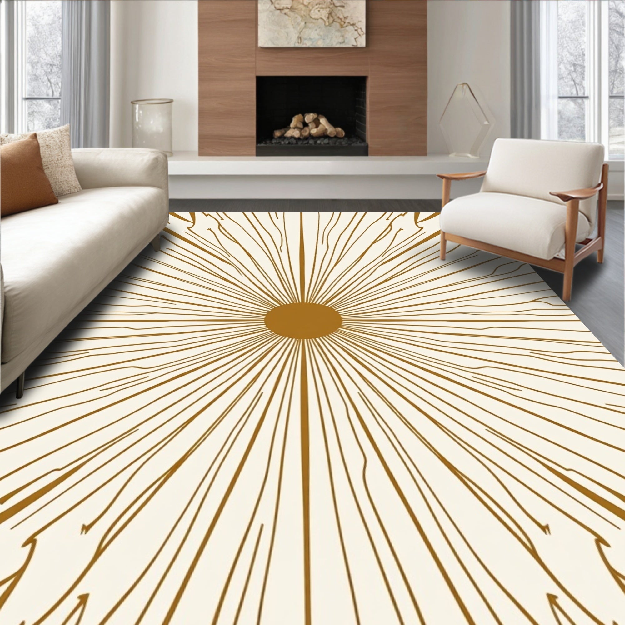 Golden Sunburst Geometric Design Rug