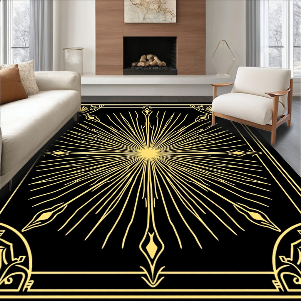 Golden Sunburst Geometric Art Design Rug