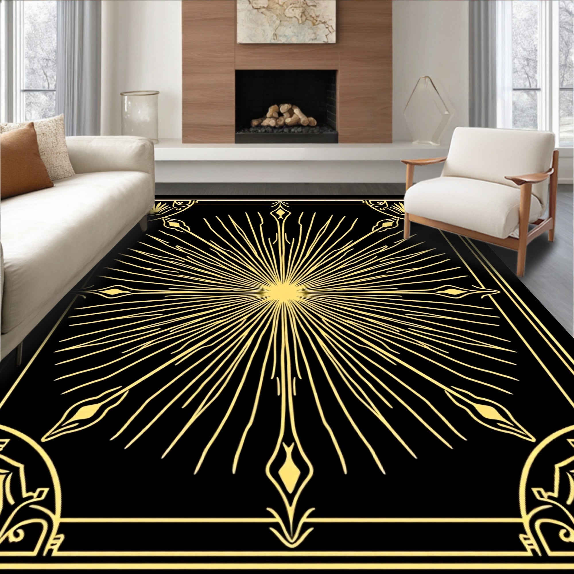 Golden Sunburst Geometric Art Design Rug