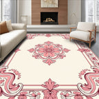 Ornate Floral Swirls Pink Ivory Design Rug