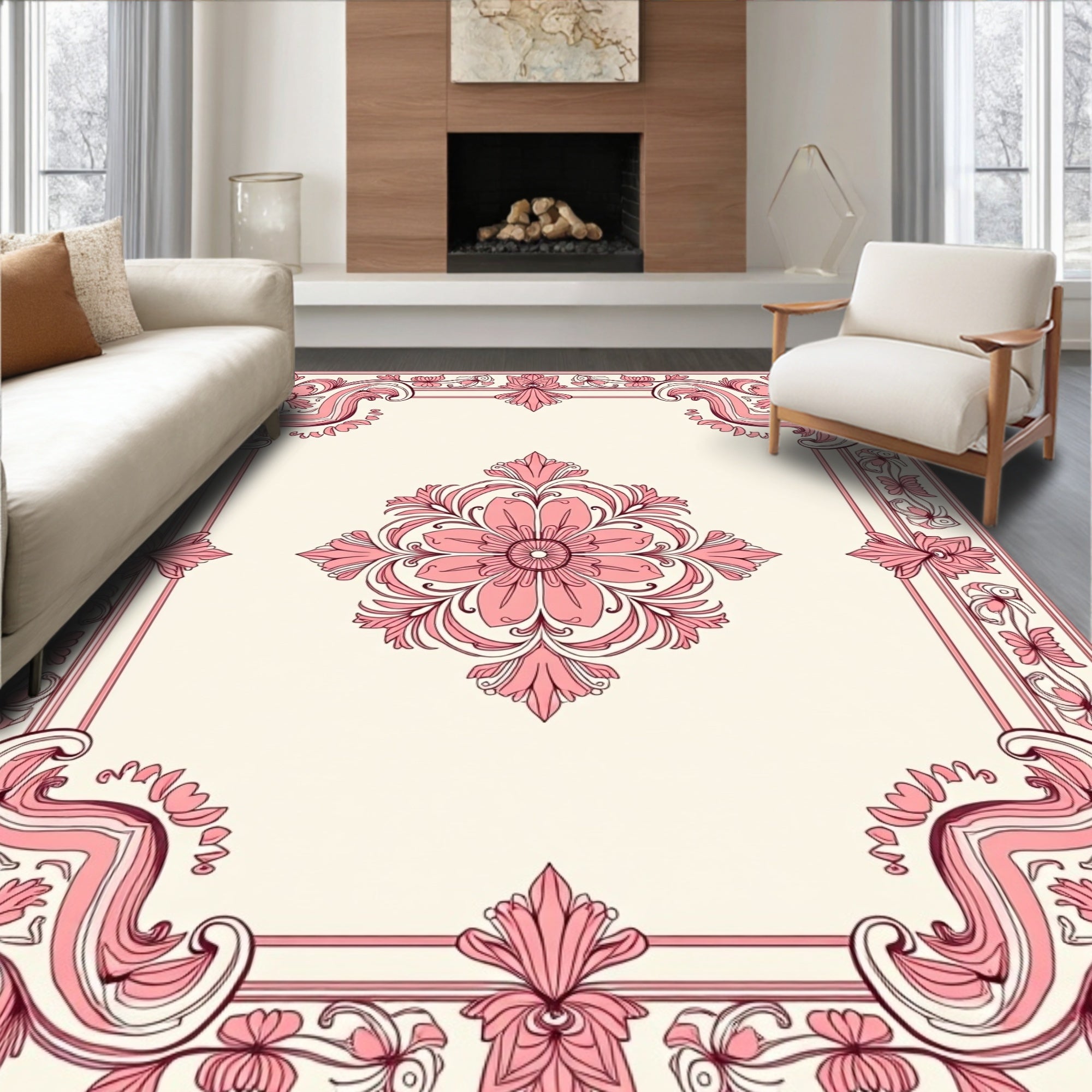 Ornate Floral Swirls Pink Ivory Design Rug