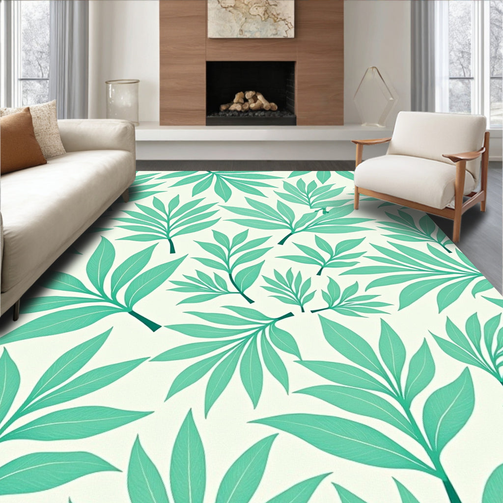 Teal Leaf Patterned Tropical Design Rug