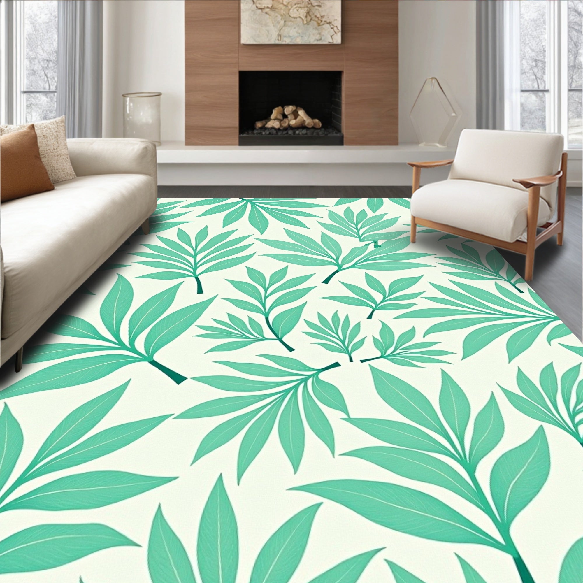 Teal Leaf Patterned Tropical Design Rug