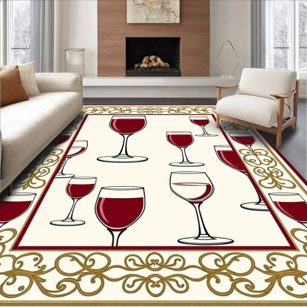 Elegant Wine Glasses Pattern Border Rug