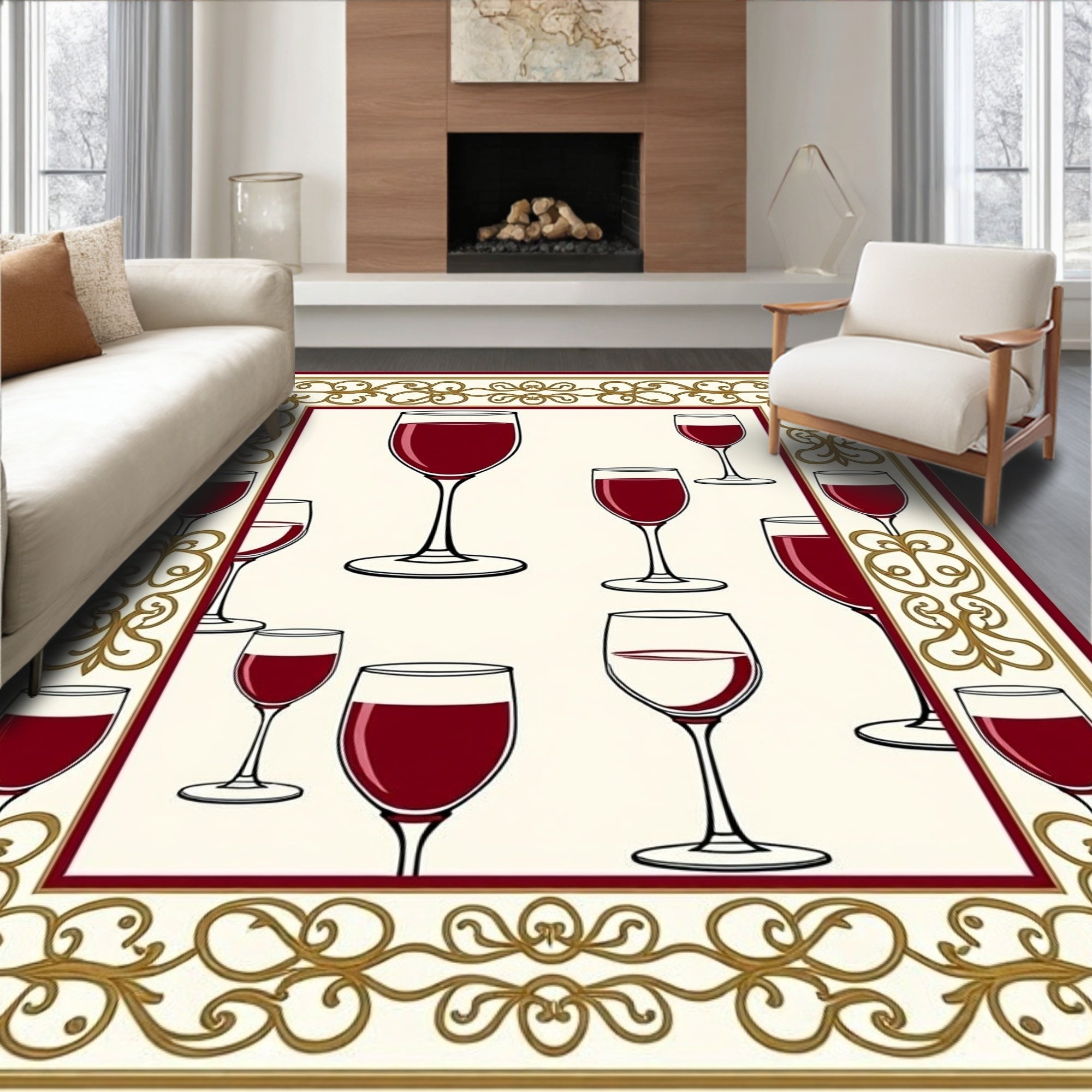 Elegant Wine Glasses Pattern Border Rug