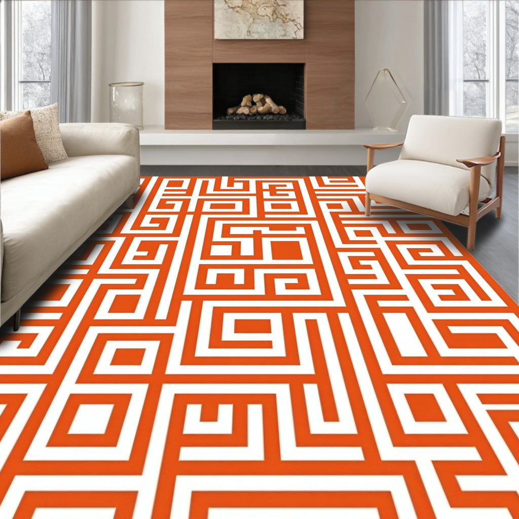 Orange White Geometric Maze Pattern Rug