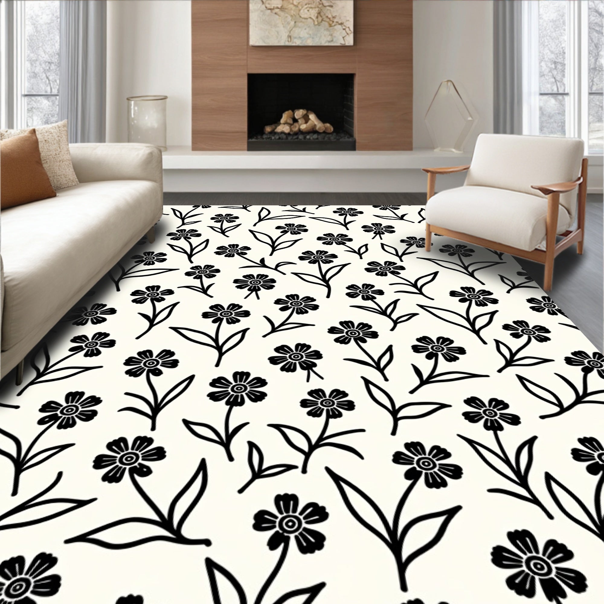Simple Floral Botanical Line Art Rug