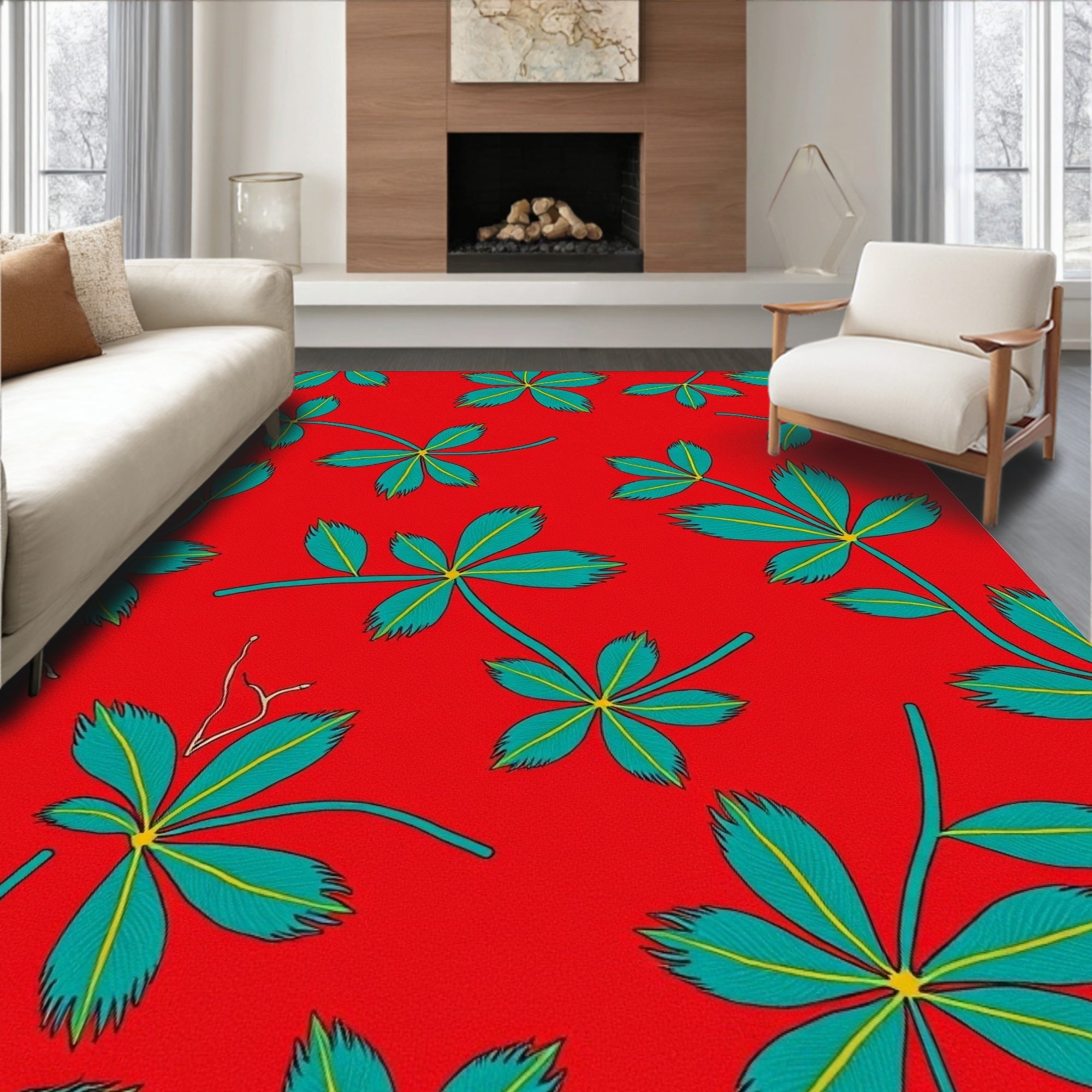 Vibrant Red and Teal Leaf Pattern Rug