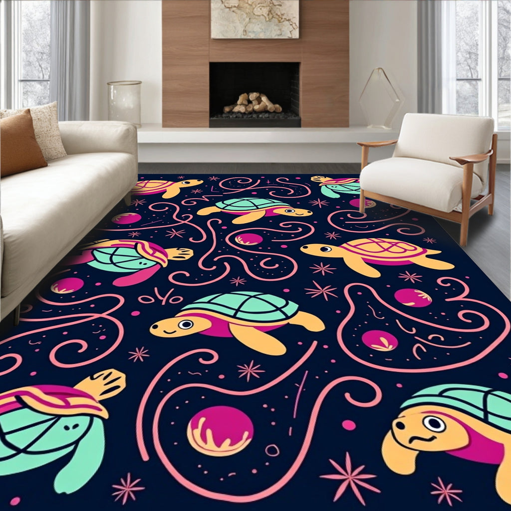Whimsical Turtle Pattern And Stars Rug