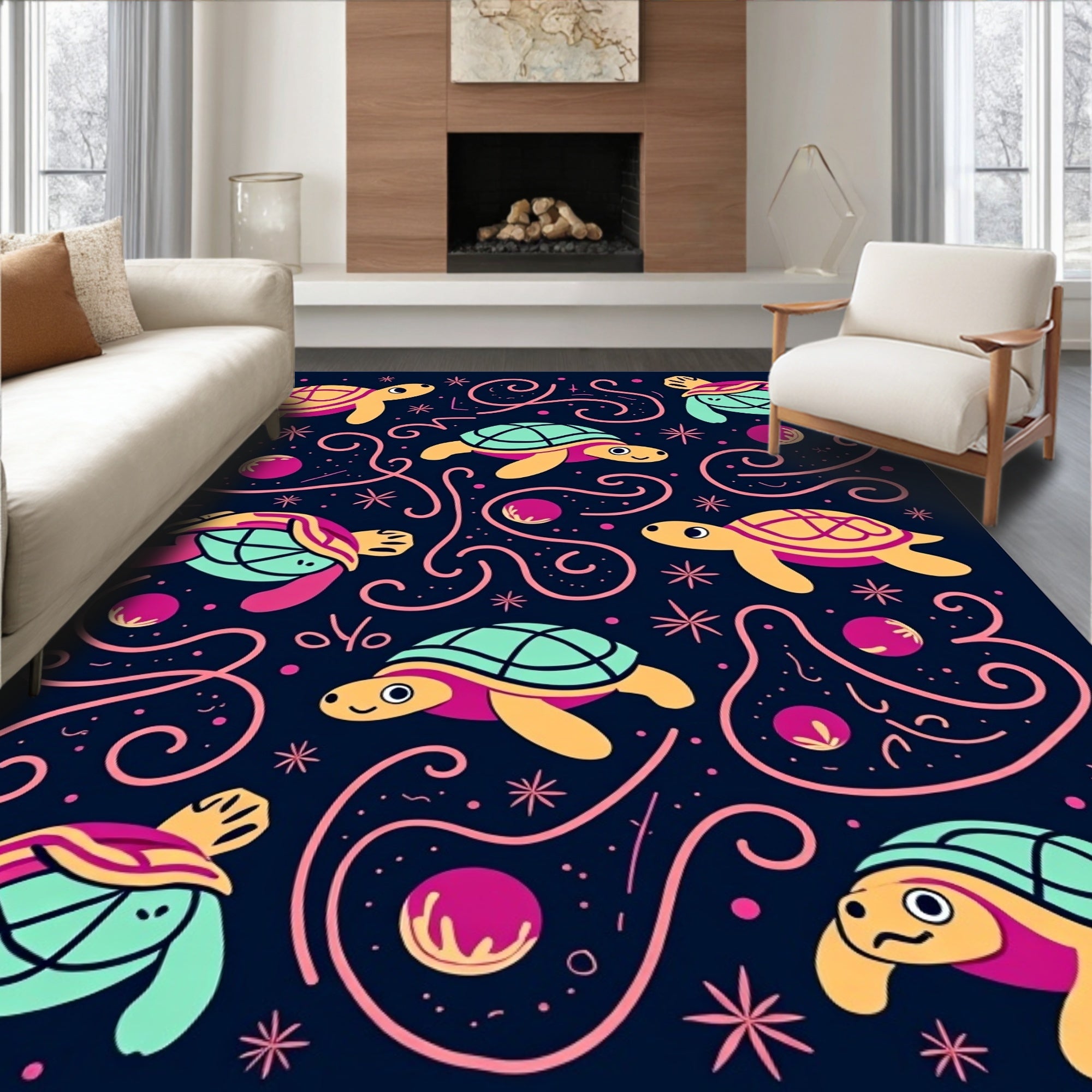 Whimsical Turtle Pattern And Stars Rug