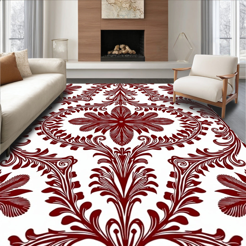Crimson Floral Baroque Pattern Rug