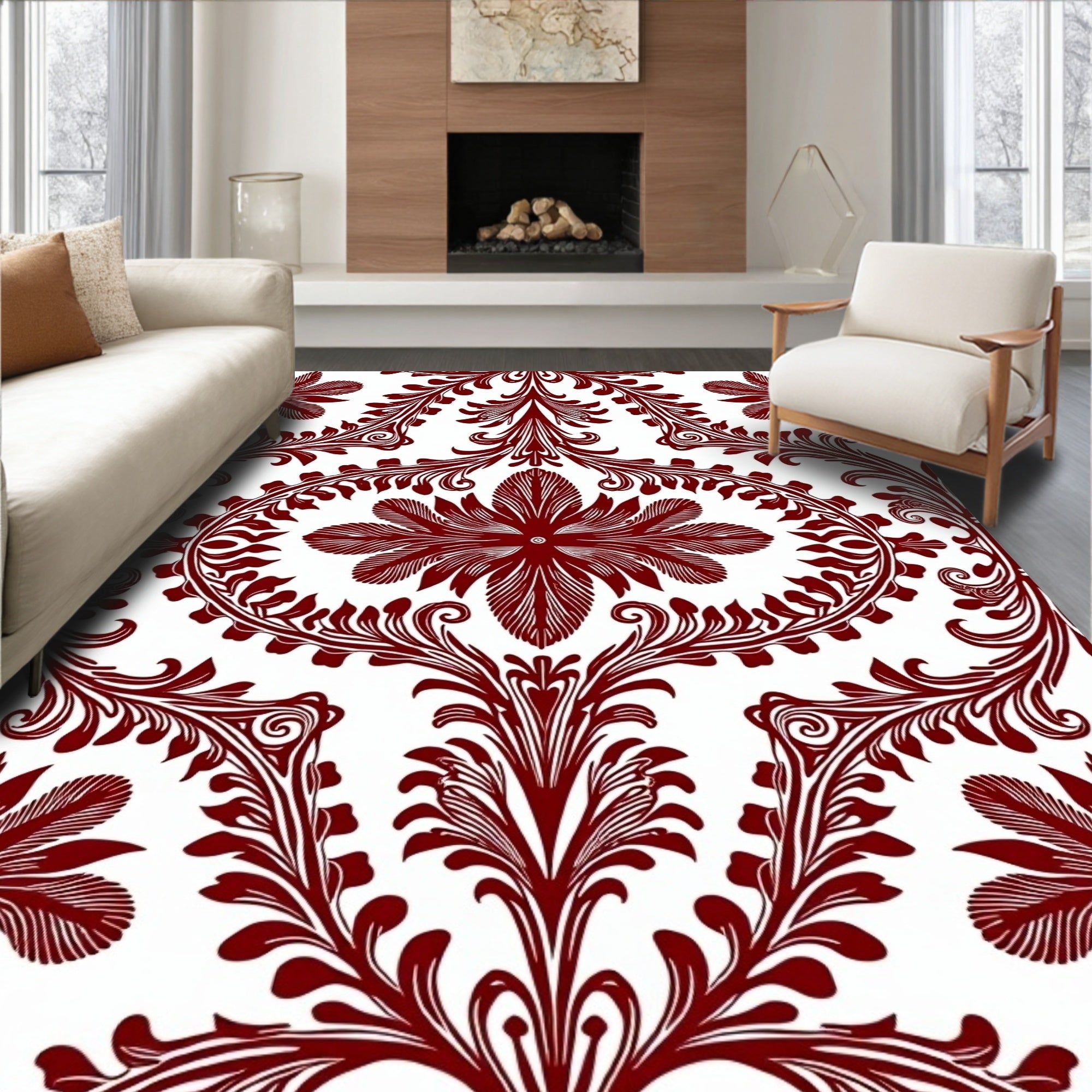 Crimson Floral Baroque Pattern Rug