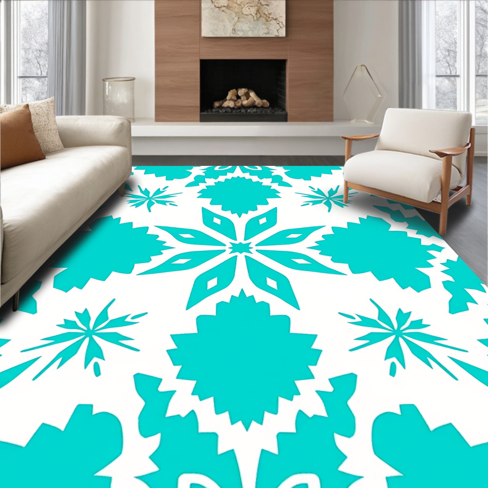 Teal Snowflake Geometric Pattern Rug