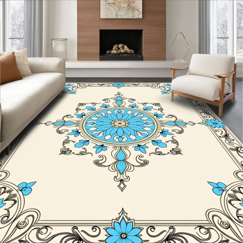 Cream Blue Floral Mandala Garden Design Rug