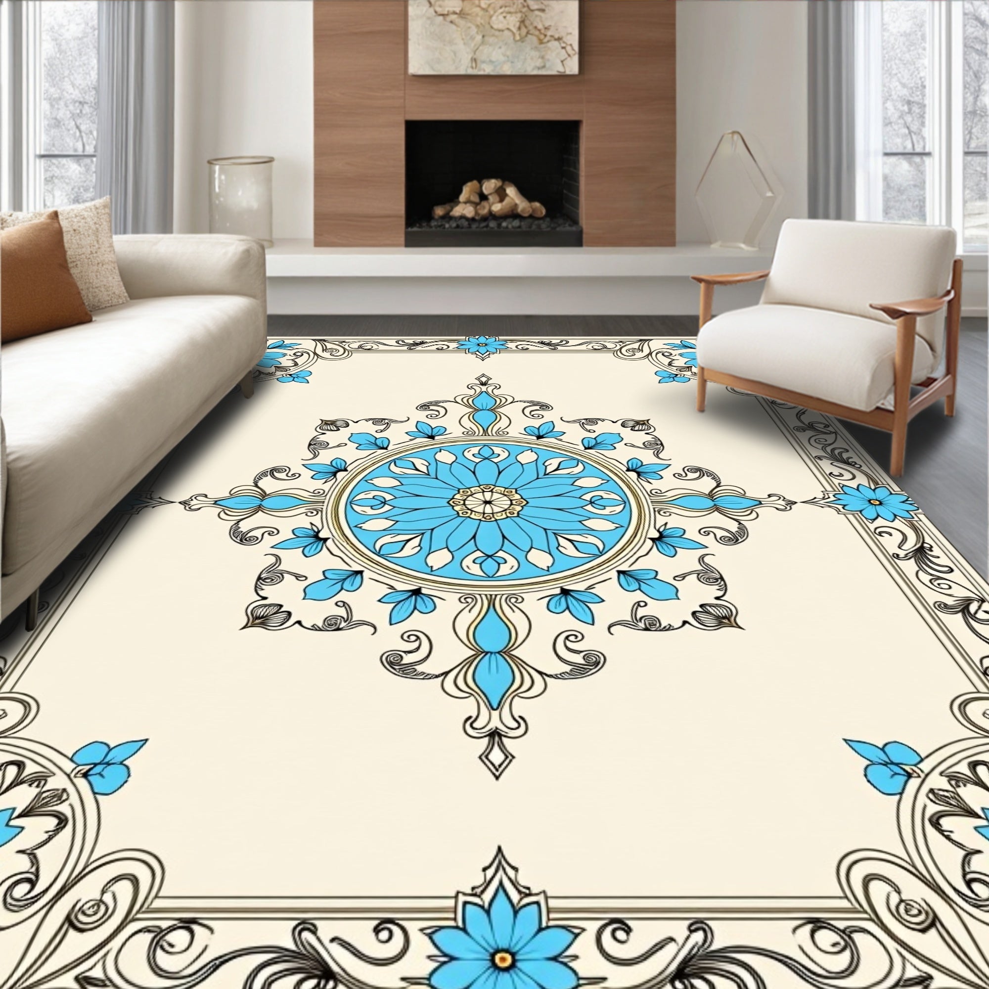 Cream Blue Floral Mandala Garden Design Rug