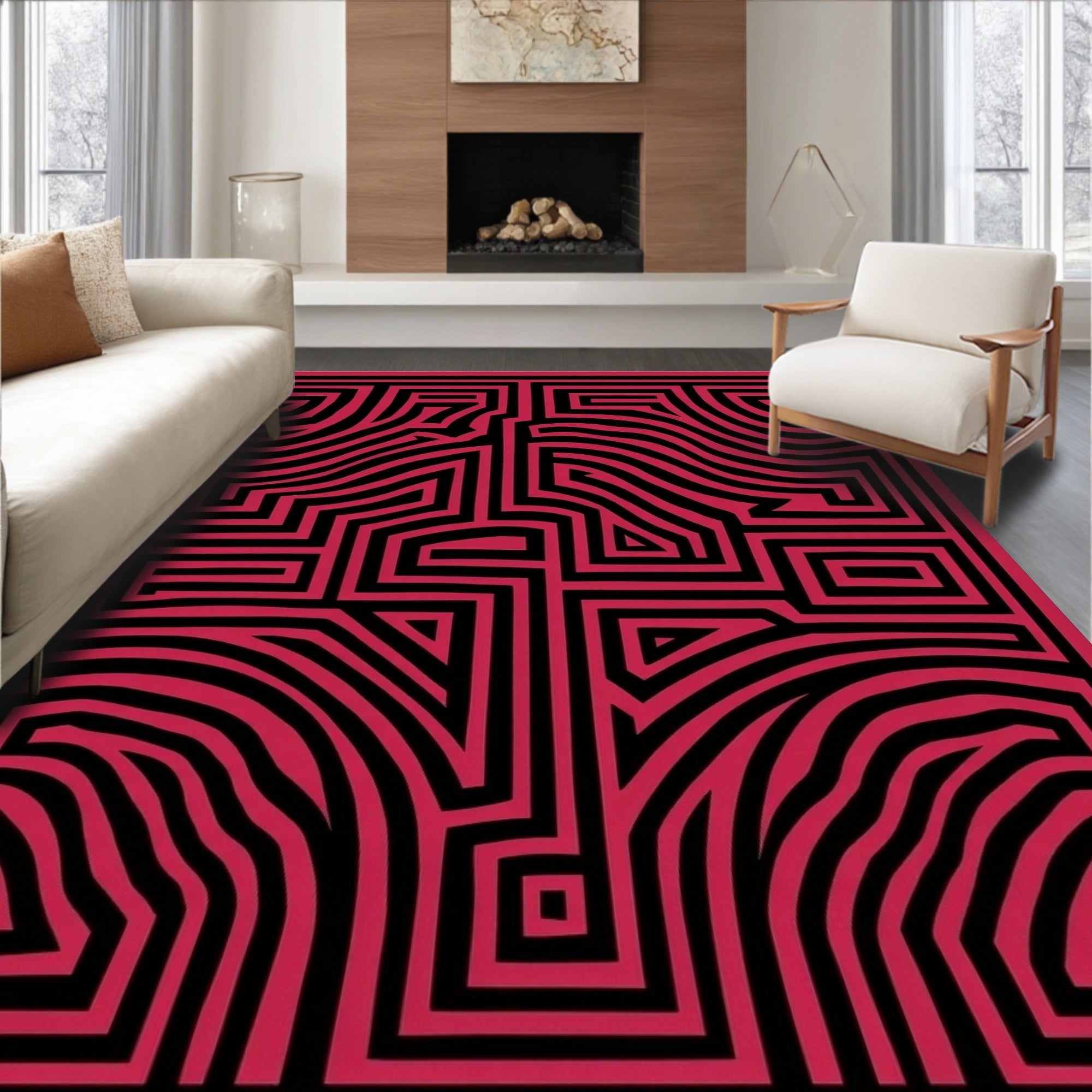 Bold Black Red Maze Pattern Rug