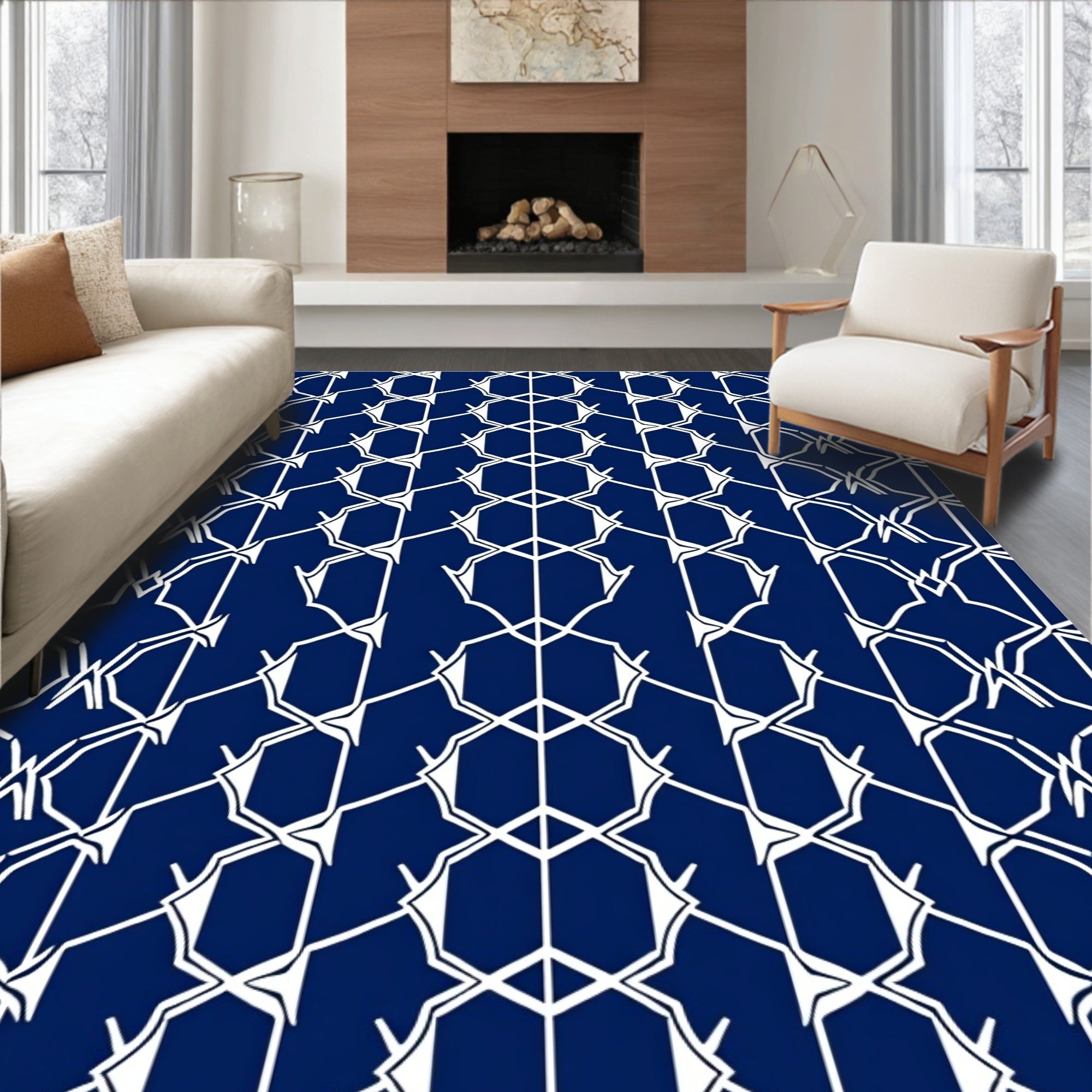 Intricate White Geometric Lattice Pattern Rug