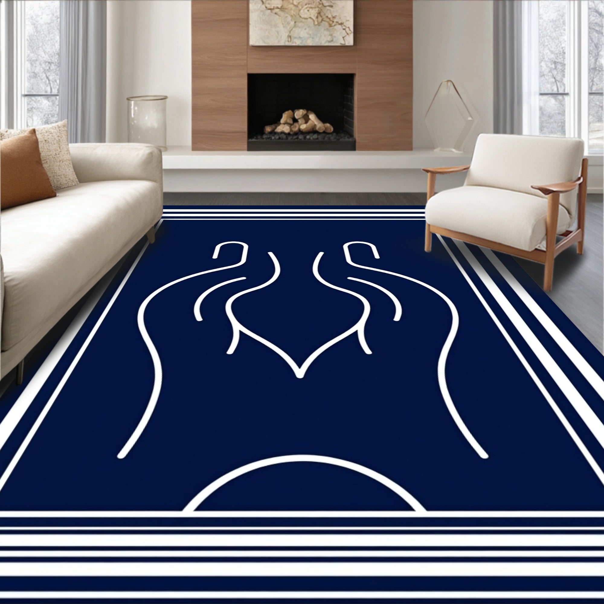 Modern Navy White Abstract Lines Rug