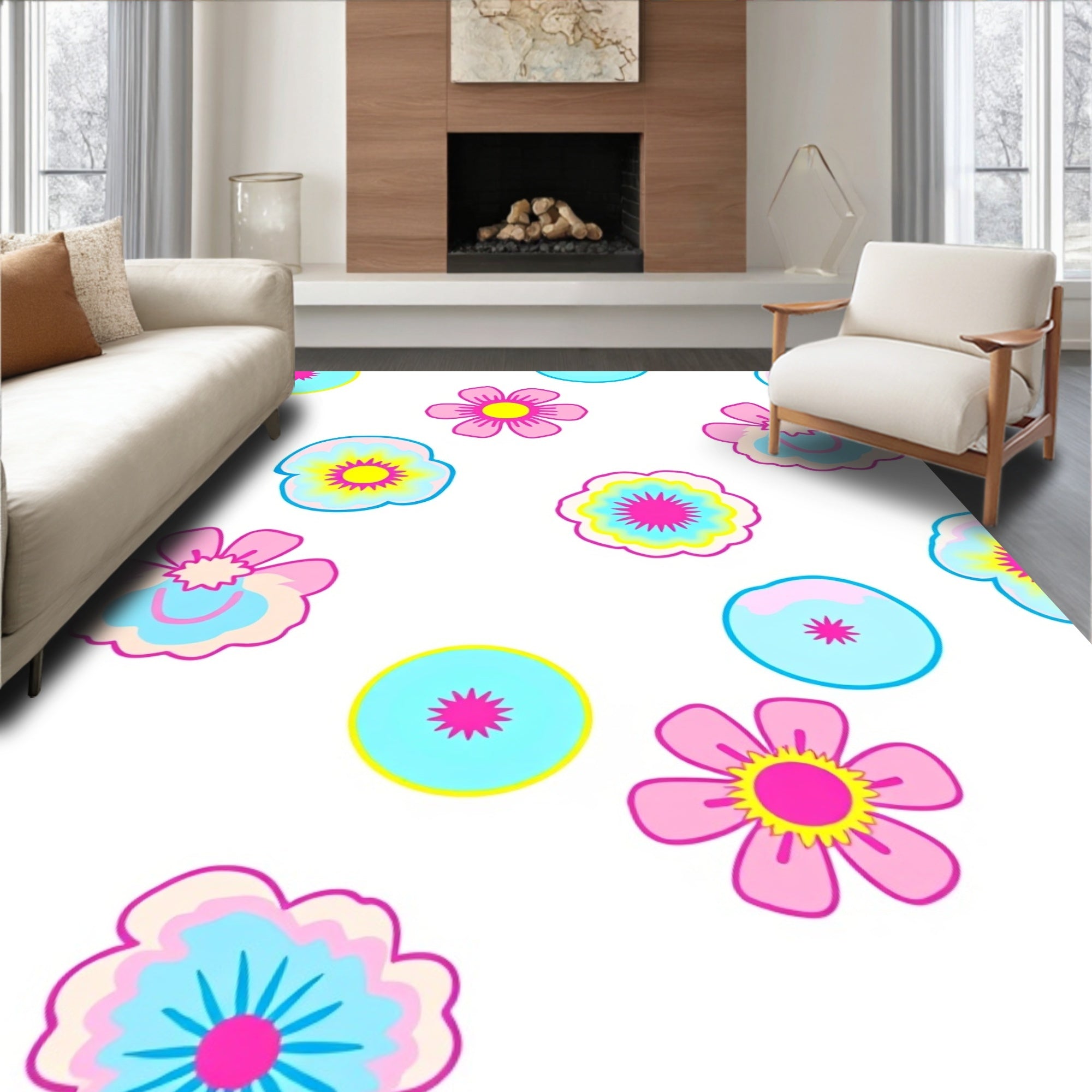 Bright Floral Pattern with Pink Blue Hues Rug