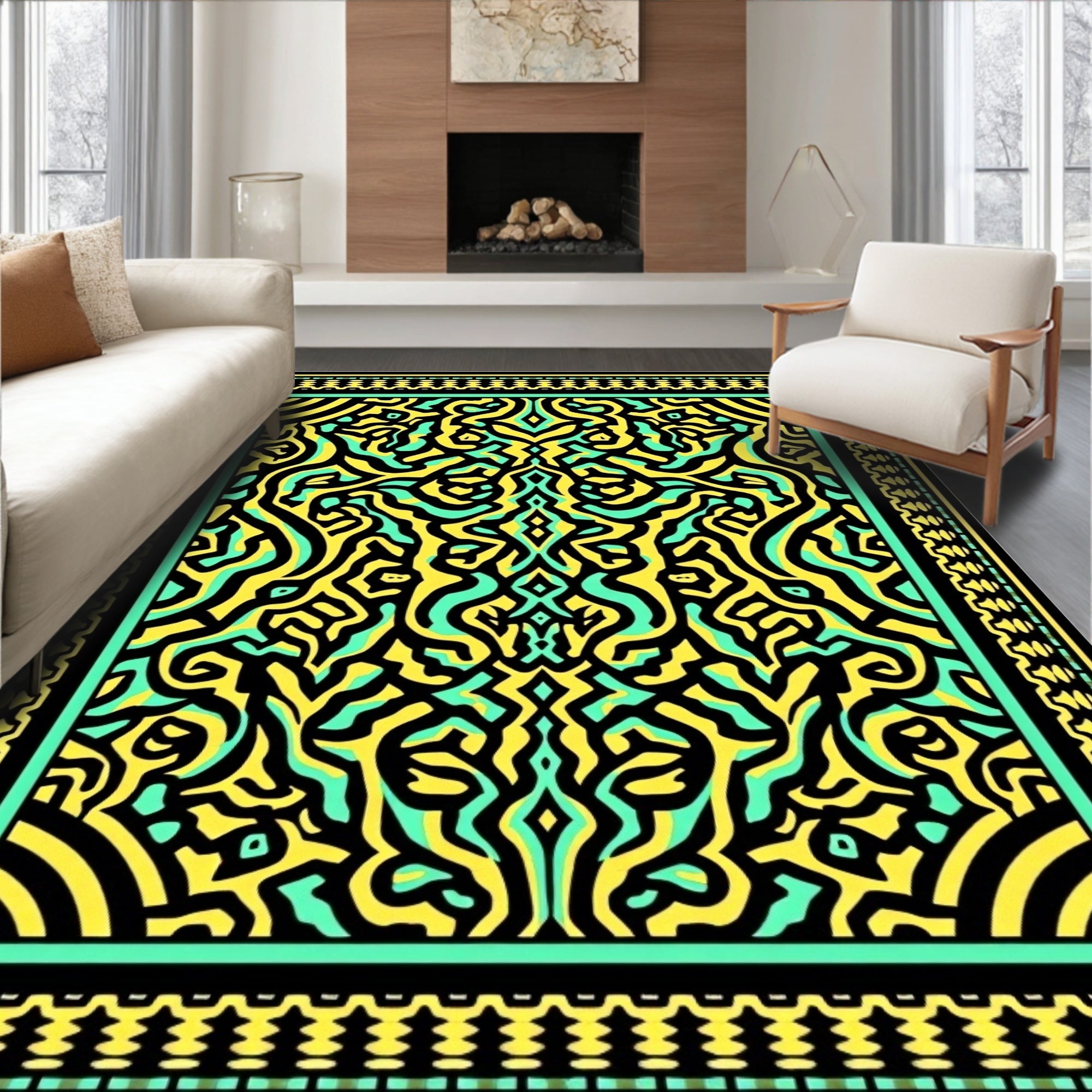 Jazzy Yellow Aqua Abstract Swirl Rug