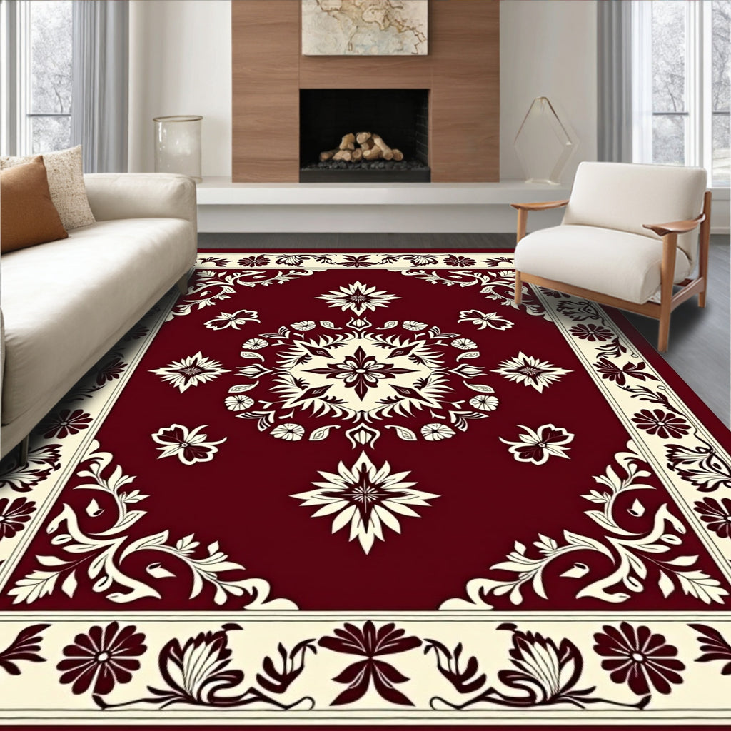Elegant Floral Medallion Cream and Burgundy Rug