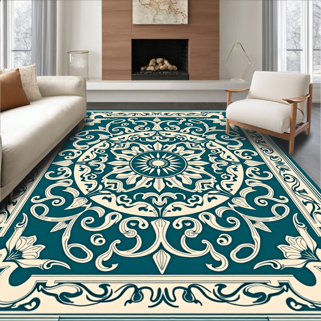 Intricate Teal Floral Medallion Pattern Rug