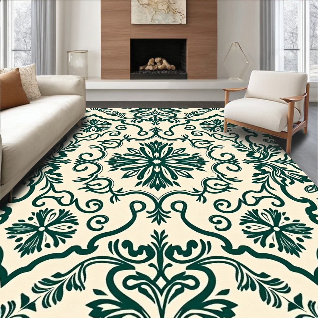 Emerald Flourish Damask Pattern Rug